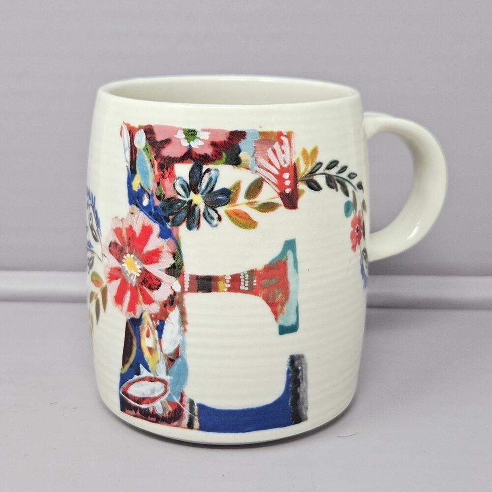 Anthropologie Starla Halfmann Monogram Letter E Coffee Cup Mug Floral